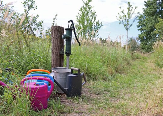 Brunnen und Gießkannen im Klimagarten