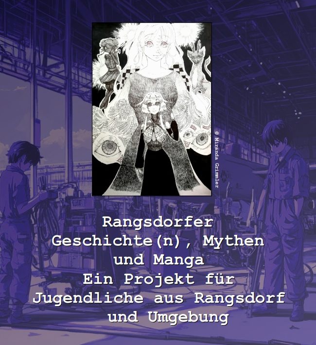 Illustration mit Charakteren, umgeben von buntem Hintergrund und Text.