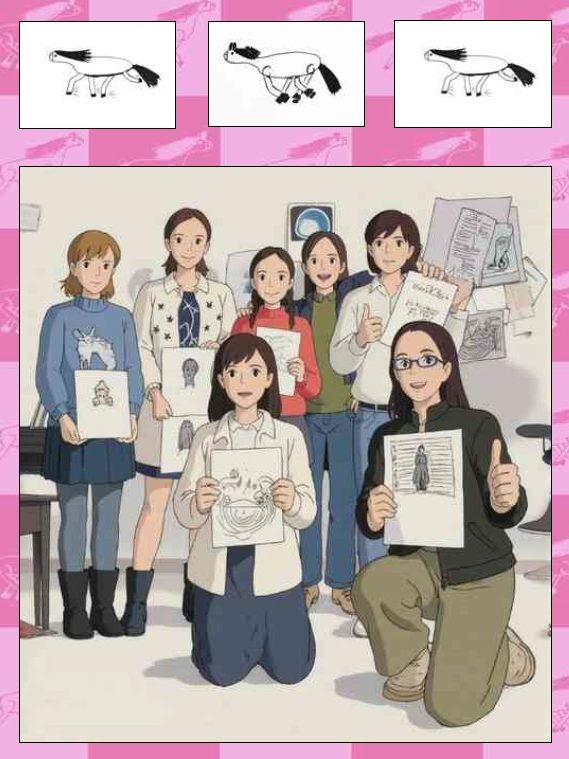 Illustration: Eine Gruppe von Frauen hält Zeichnungen in einer kreativen Umgebung.