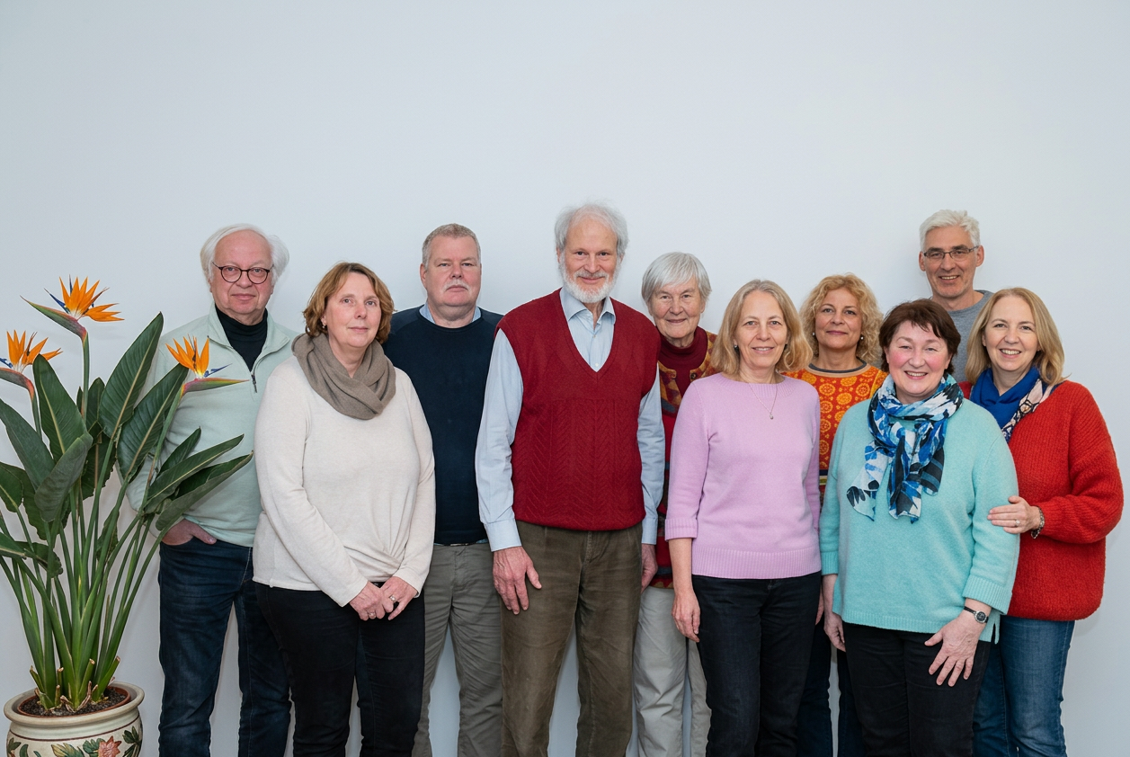 Gruppenfoto von zehn Personen vor einer weißen Wand, mit einem Topf mit Pflanzen.