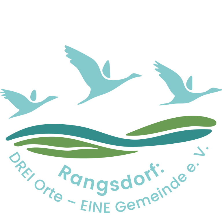 Logo von Rangsdorf: DREI Orte - EINE Gemeinde e. V. mit fliegenden Vögeln und geschwungenen Linien in grün und blau.